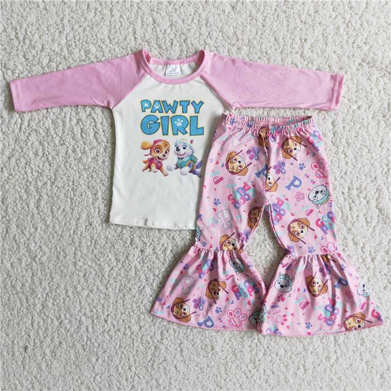 6 A6-2 Pink Girls Long Sleeve Dog Top Flared Pants Set