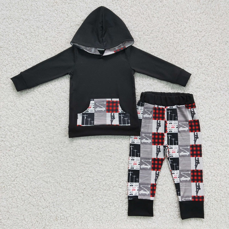6 C8-18 Black Long Sleeve Hoodie and Red Plaid Trousers