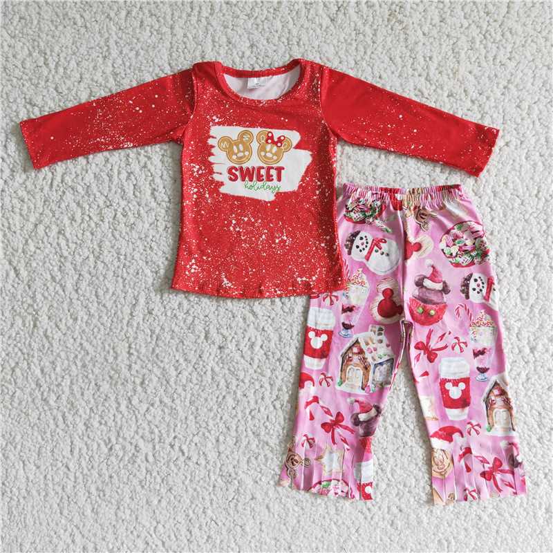 6 B1-17 Cartoon print Red Long Sleeve Pink Fringe Pants