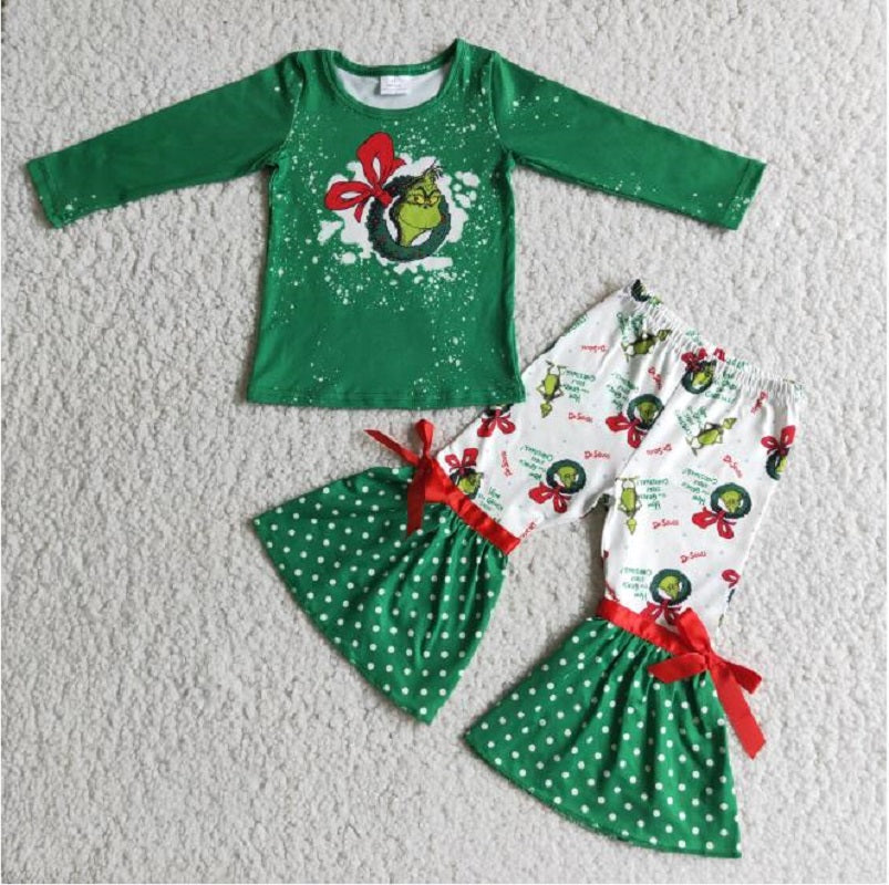 6 C6-20 Green Long Sleeve Top Tie Polka Dot Flared Pants Set