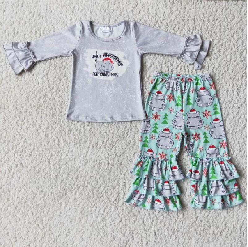 6 C9-39 Baby girls Christmas Top Hippo Trousers Set