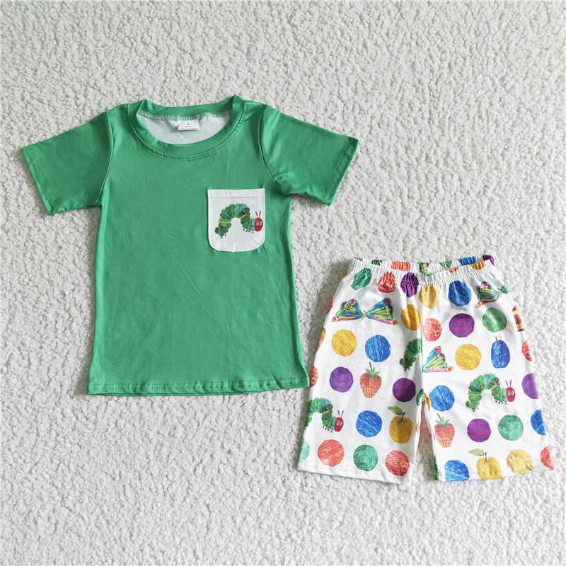 BSSO0064 Boys Green Pocket Caterpillar Short Sleeve Shorts Set
