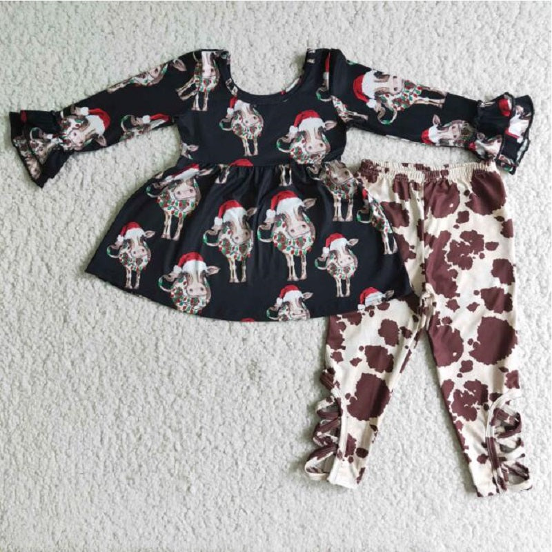 6 C9-21 Christmas Bull Head Long Sleeve Ink Pattern Trousers Set