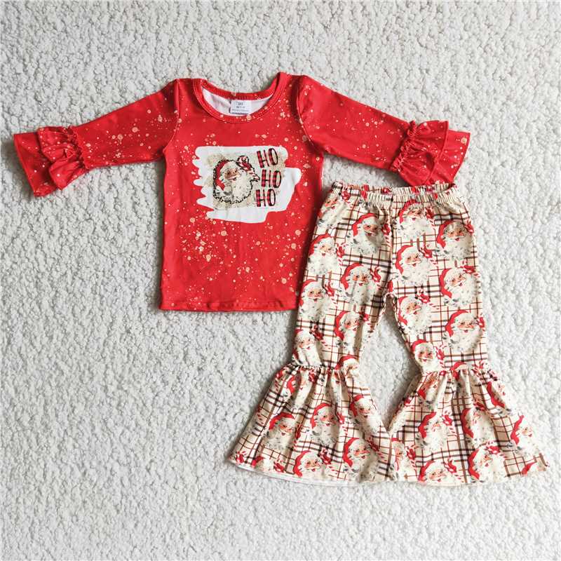 6 A4-27 Christmas Red Long Sleeve Santa Flare Pants