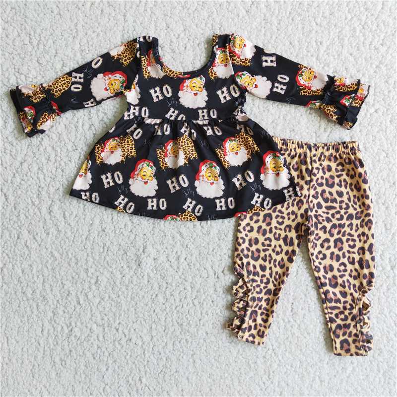 6 C7-36 Santa Claus Long Sleeve Top Leopard Pants Set