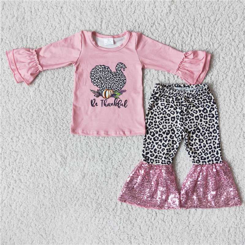 6 B5-1 Baby girls Pumpkin Pink Long Sleeve Leopard Patchwork Pink Sequin Turkey Suit