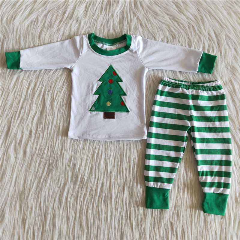 6 A28-15 Boys Embroidered Christmas Tree Long Sleeve Striped Cotton Pajamas