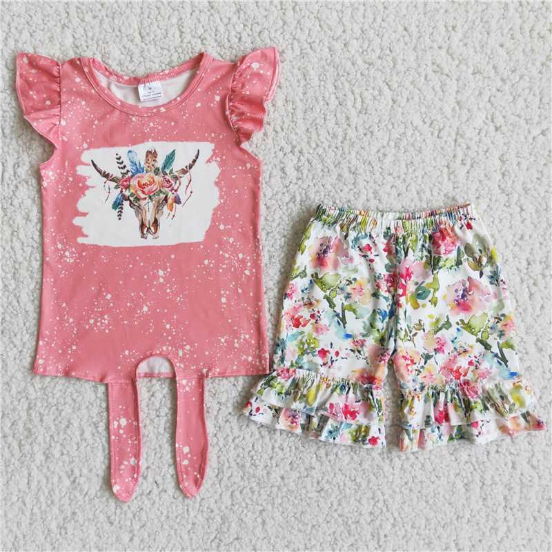 B16-1 Flower Bull Head Pink Flying Sleeve Shorts Set