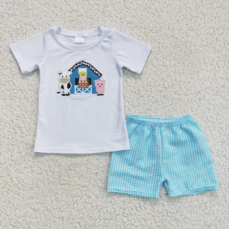 B18-12 Dairy Farm White Short Sleeve Blue Grid Suit