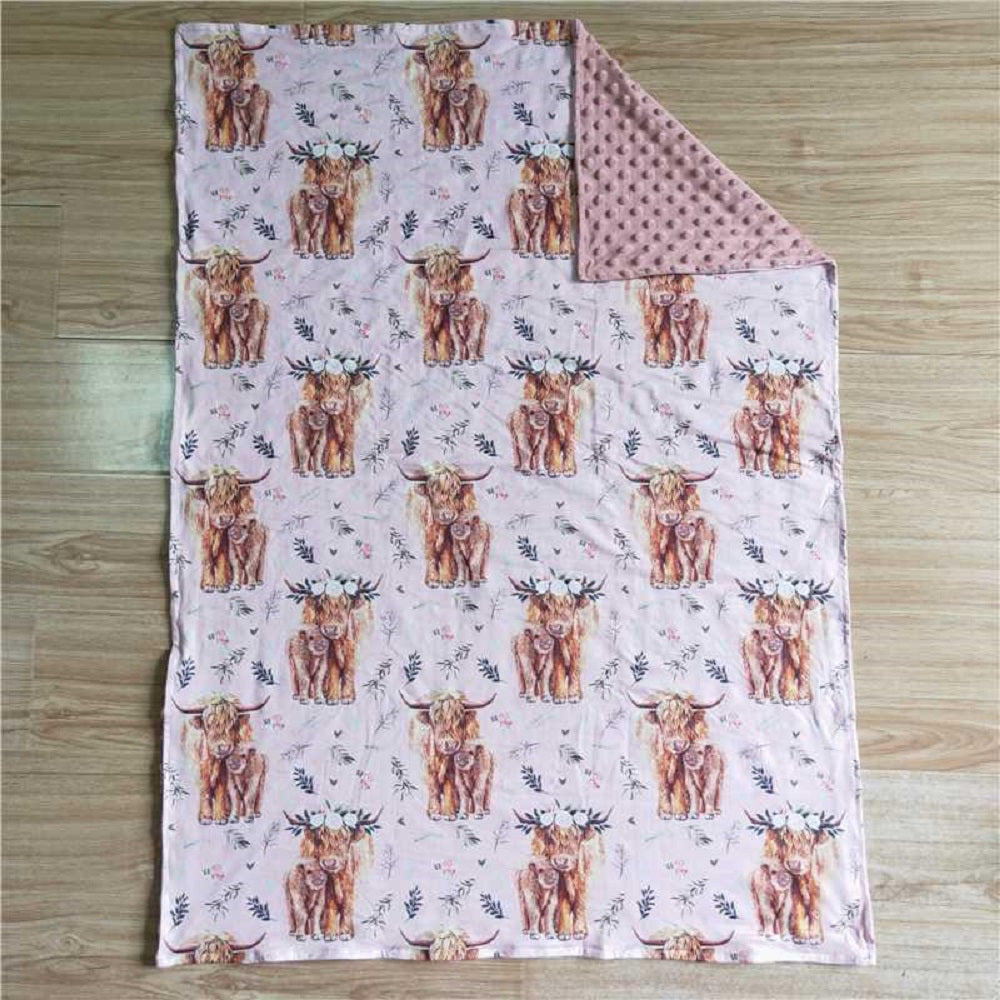 BL0016 PINK FLORAL HIGHLAND COW BLANKET