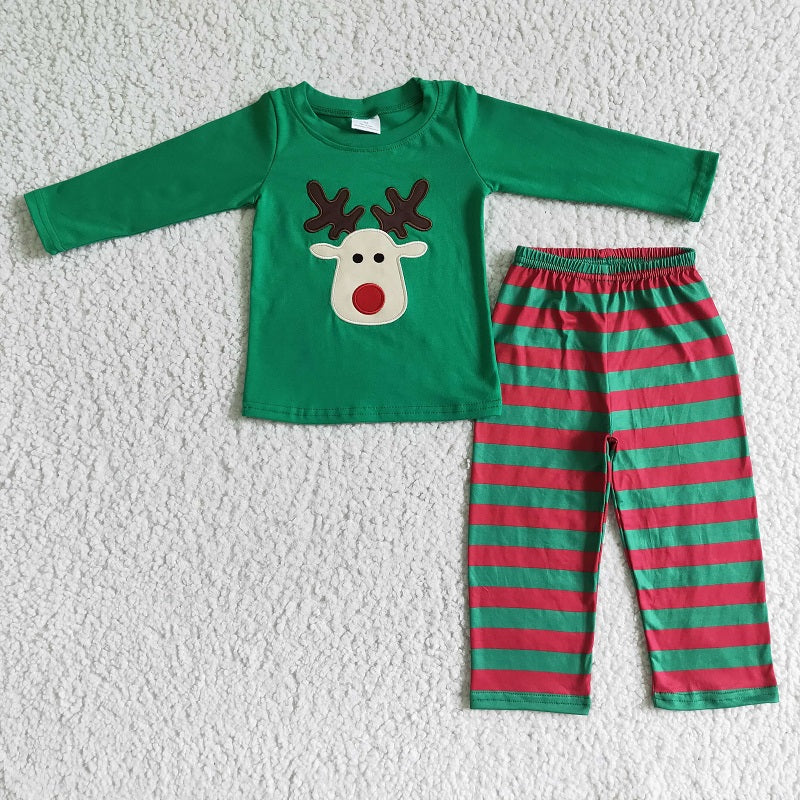 BLP0008 Boys Christmas Embroidered Fawn Green Long Sleeve Pants Set