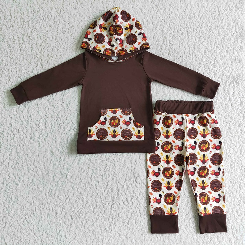 BLP0022 Boys Thanksgiving Turkey Hooded Pocket Long Sleeve Pant Set