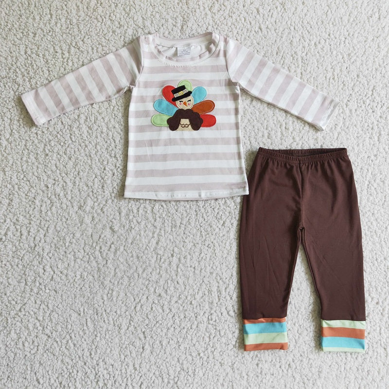 BLP0081 Boys Embroidered Turkey Stripe Long Sleeve Pants Set