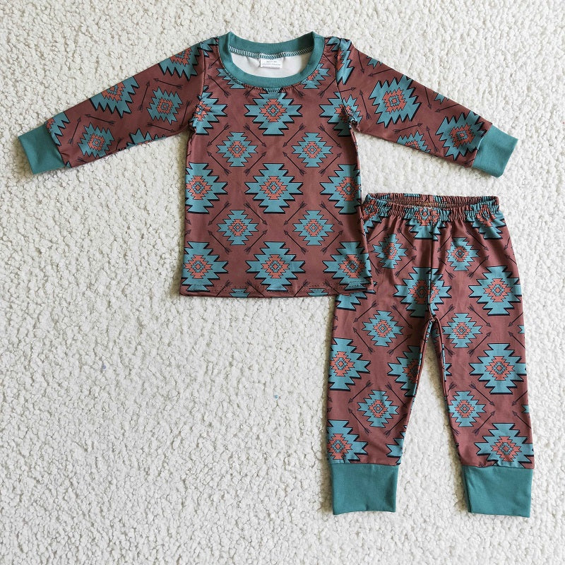 BLP0107 Boys Geometric Pattern Brown Long Sleeve Trousers Set