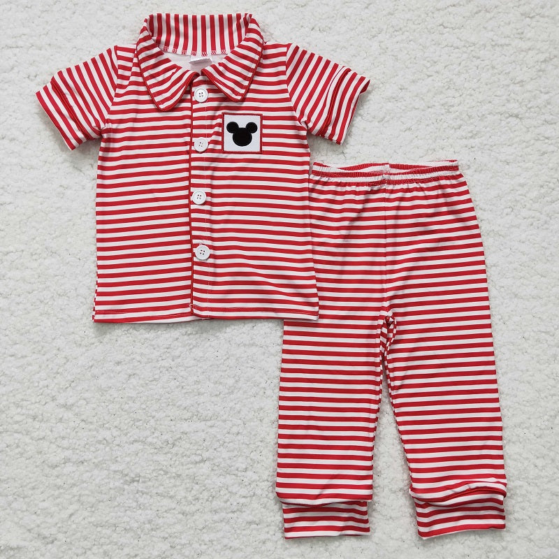BSPO0040 Boy Cartoon Red Striped Button Short Sleeve Trousers Suit
