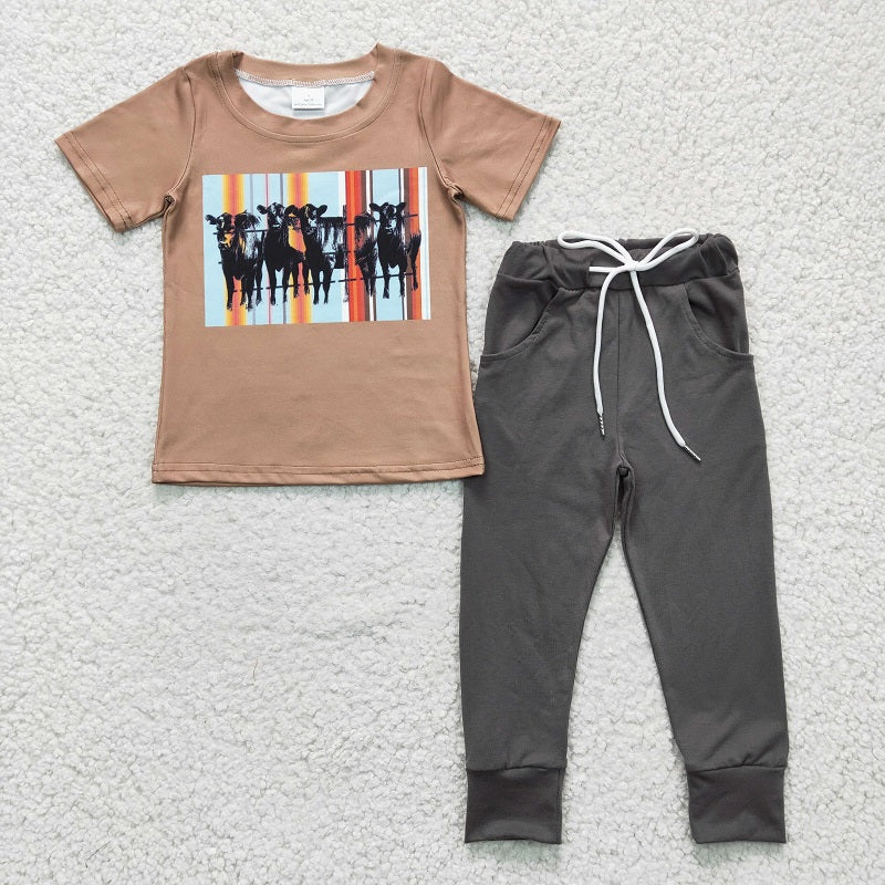 BSPO0064 Boys Herd Brown Short Sleeve Gray Pants Set