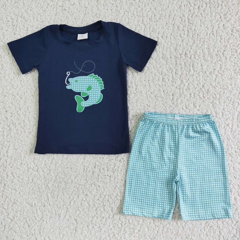 BSSO0008 Boys Embroidered Fishing Pattern Short Sleeves Blue Mesh Set