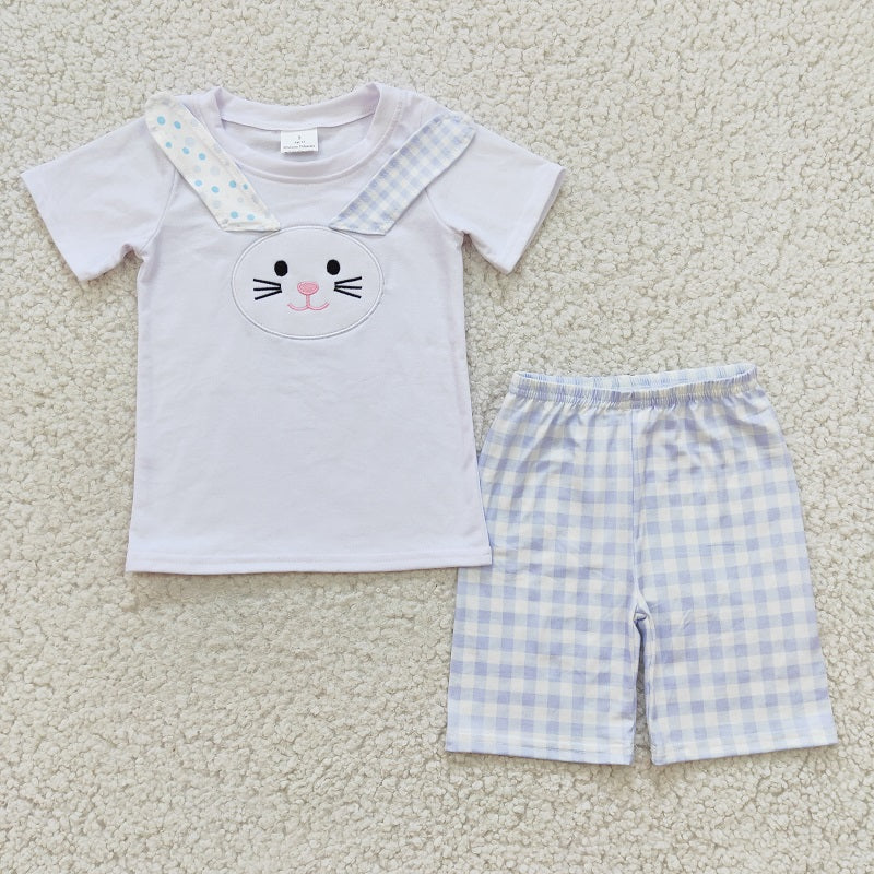 BSSO0090 Baby Boys Embroidered Rabbit White Short Sleeve Blue Check Shorts Set