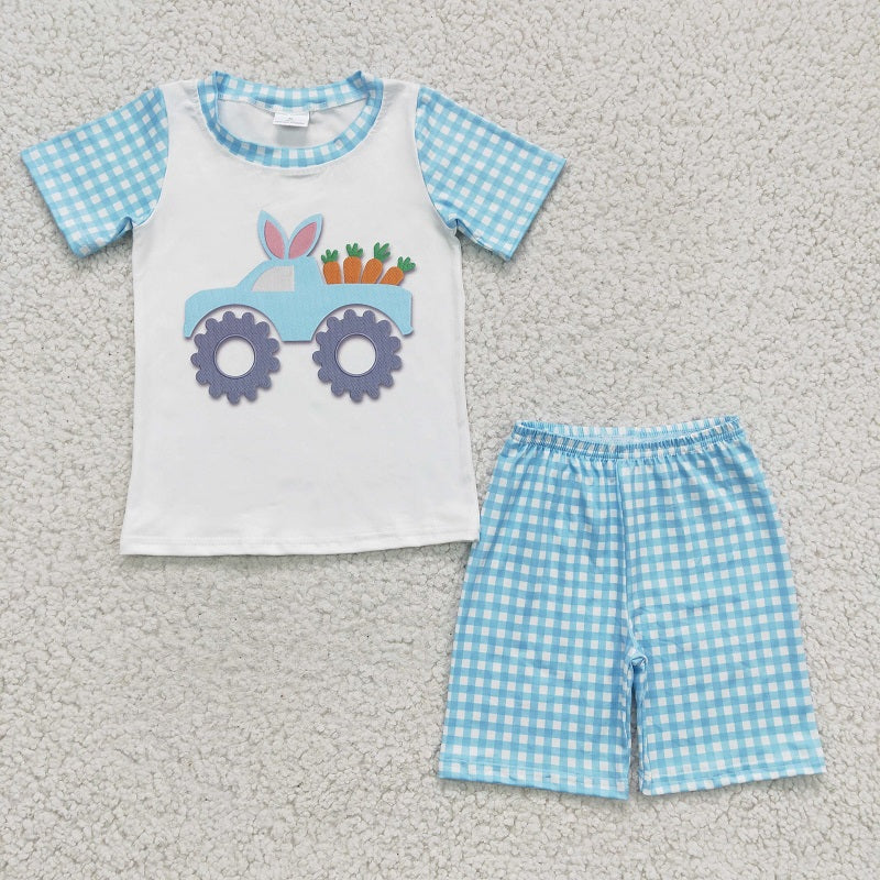 BSSO0091 Boys Bunny Car Carrot Blue Short Sleeve Shorts Set