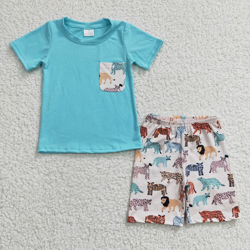 BSSO0119 Boys Animal Tiger Lion Pocket Blue Short Sleeve Suit