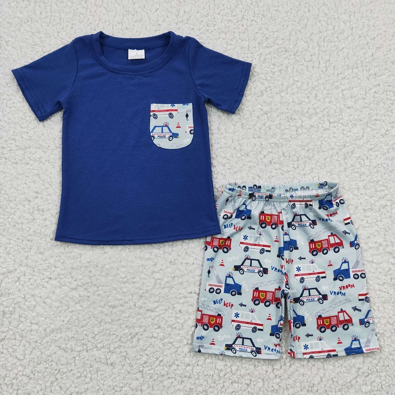 BSSO0121 Boys Police Car Fire Truck Pocket Blue Short Sleeve Suit D 5.8