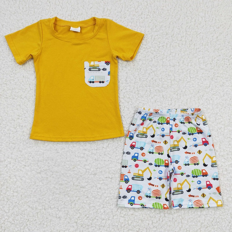 BSSO0122 Boys Construction Vehicle Excavator Pocket Yellow Short Sleeve Shorts Set D 5.8