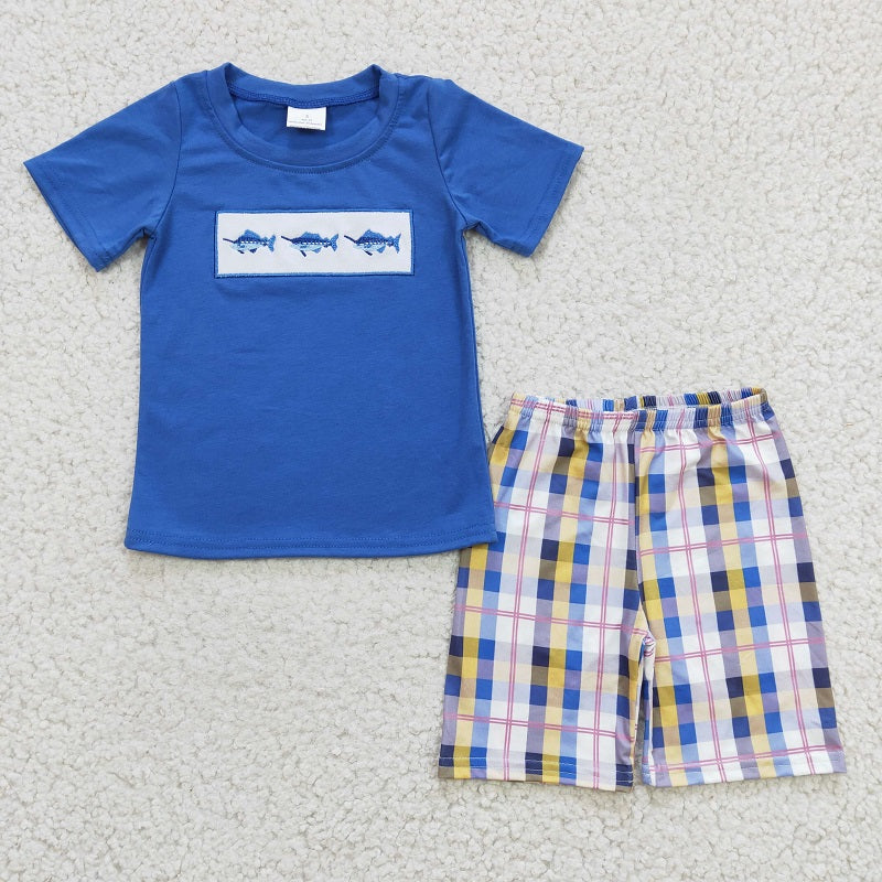 BSSO0125 Boys Embroidered Shark Blue Short Sleeve Plaid Shorts Set D 5.15