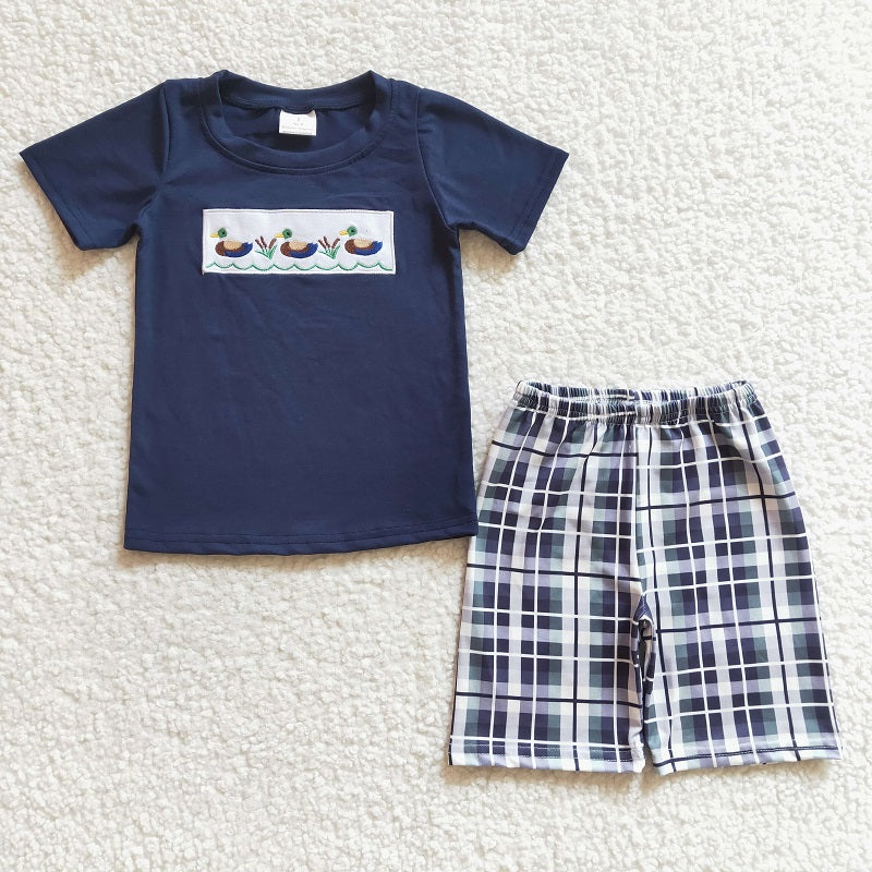 BSSO0128 Boys Embroidered Rice Duck Navy Blue Short Sleeve Plaid Shorts Set D 6.13
