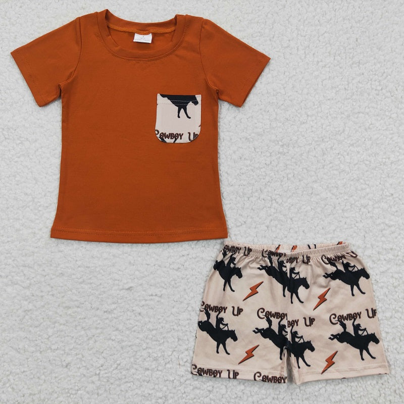 BSSO0162 Baby Boys cowboy riding brown pocket short-sleeved shorts suit D 7.12