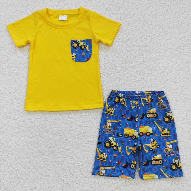 BSSO0183 Baby Boys Construction Vehicle Excavator Pocket Short Sleeve Shorts Set D 7.12
