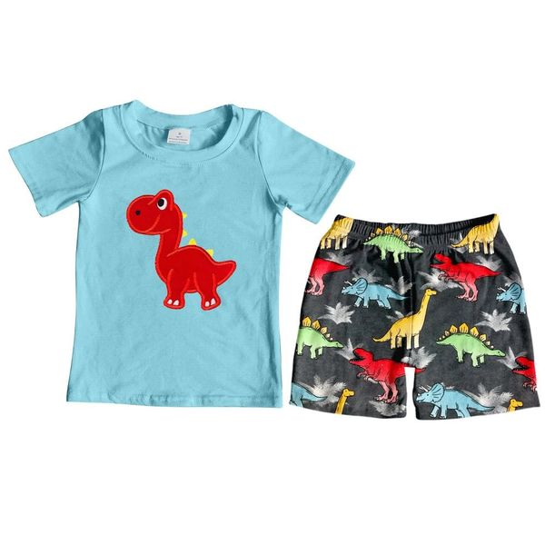 BSSO0184 Baby Boys Colorful Dinosaur Blue Short Sleeve Shorts Set