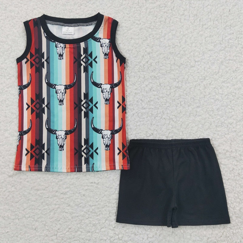 BSSO0216 Baby Boys Bull Head Colorful Stripe Sleeveless Shorts Set