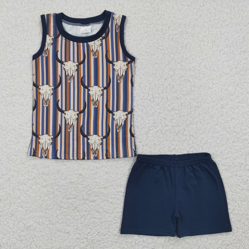 BSSO0217 Baby Boys Bullhead Blue Stripe Sleeveless Shorts Set