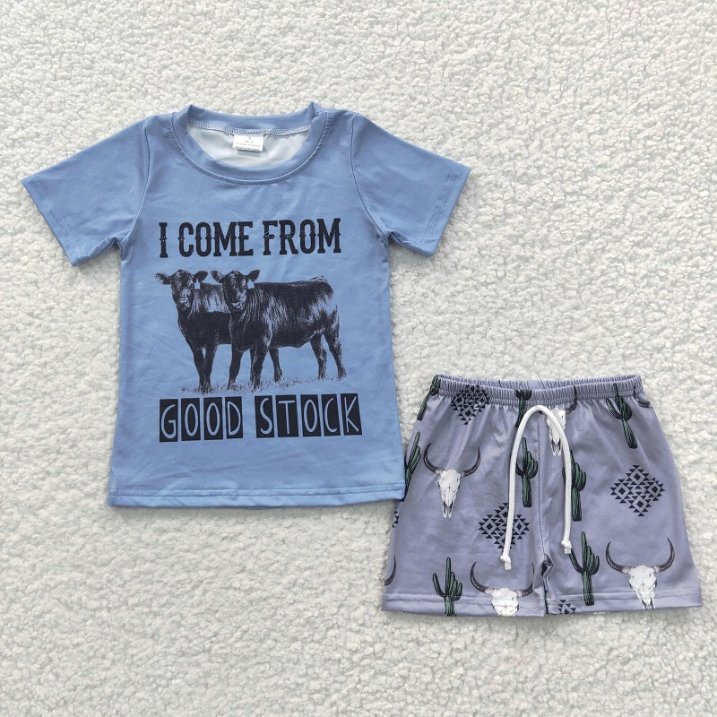 BSSO0240 Baby Boys I COME FROM Bull Head Blue Short Sleeve Shorts Set