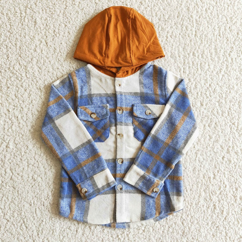 BT0074 Boys Blue Plaid Hooded Long Sleeve Shirt