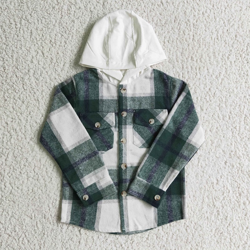 BT0075 Boys Green Flannel Plaid Hooded Long Sleeve Shirt
