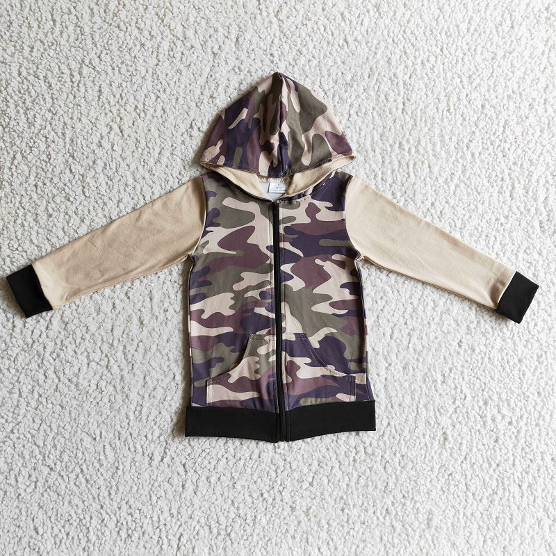 BT0085 Boys Camo Hooded Zip Long Sleeve Top