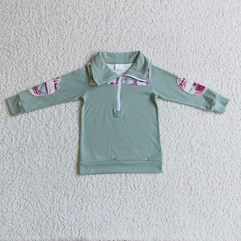 BT0086 Boys Christmas Fawn Pattern Blue Zip Long Sleeve Top