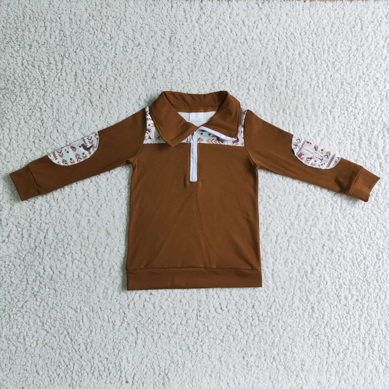 BT0087 Boys Bull Head Geometric Brown Zip Long Sleeve Top
