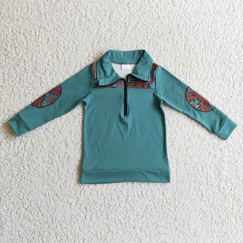 BT0093 Boys Geometric Green Zip Long Sleeve Top