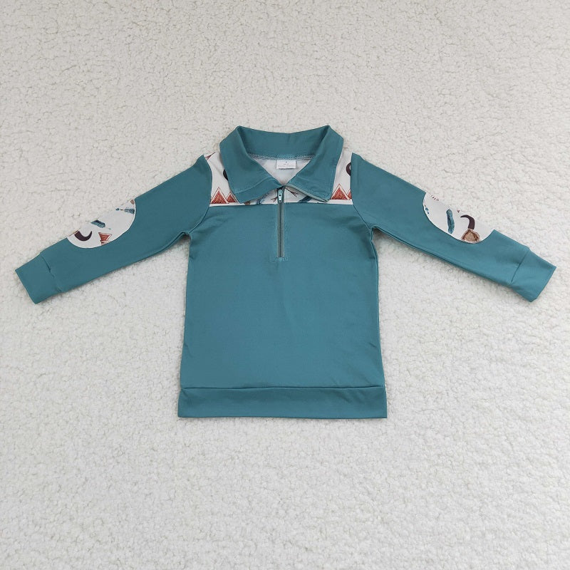 BT0105 Boys Bull Head Green Zipper Long Sleeve Top