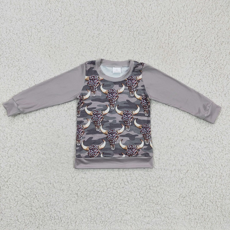 BT0108 Boys Leopard Bull Head Camouflage Long Sleeve Top