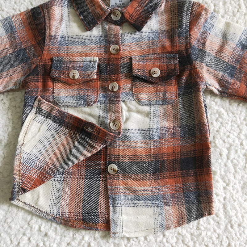 BT0116 Boys Orange Striped Plaid Long Sleeve Shirt