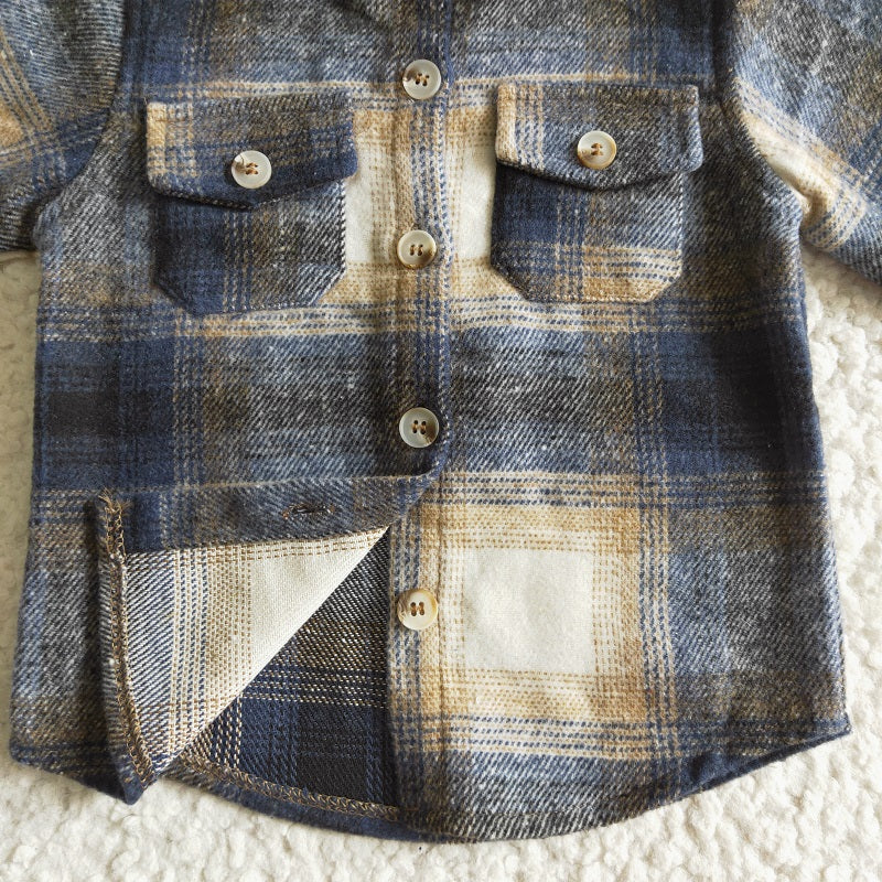 BT0117 Boys Blue and Black Striped Plaid Long Sleeve Shirt