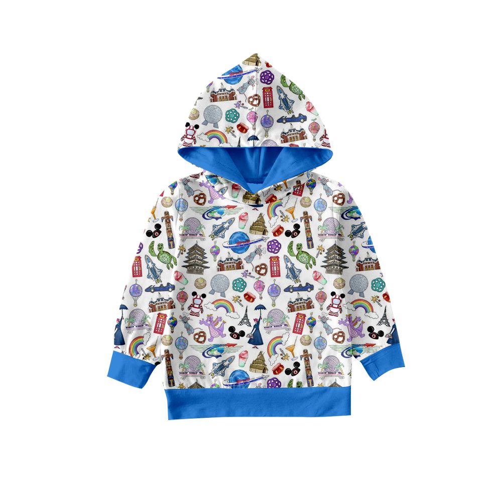 BT0118 Boy Cartoon Castle Blue Hooded Long Sleeve Top