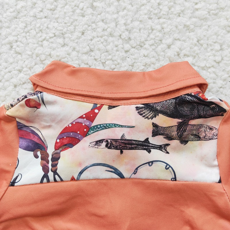 BT0128 Boys Fishing Orange Zip Long Sleeve Top