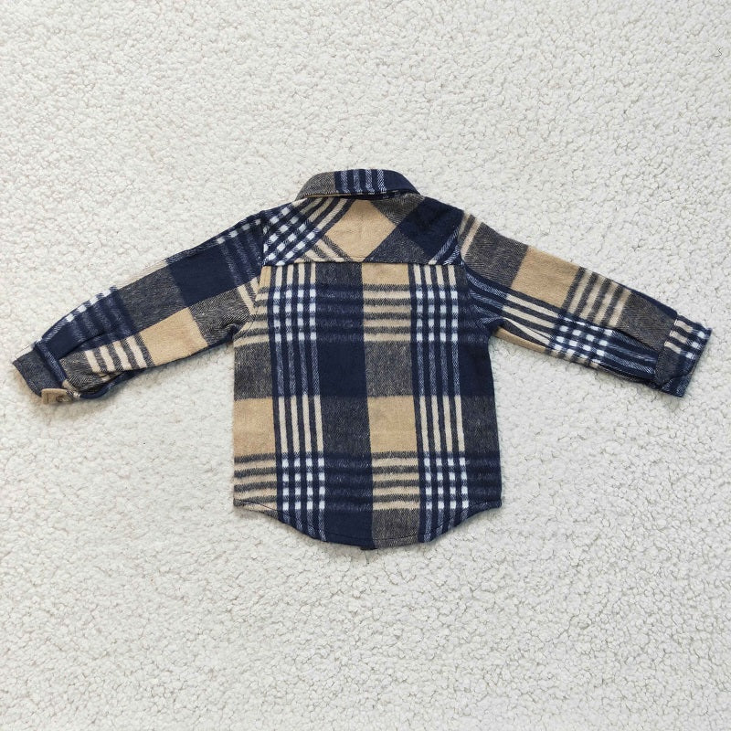 BT0186 Boys Blue Khaki Striped Plaid Long Sleeve Shirt