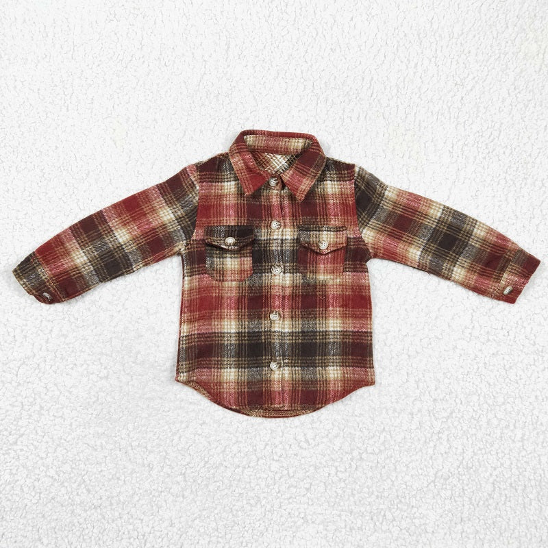 BT0191 Kids Boys Brown Color Plaid Pocket T-shirt