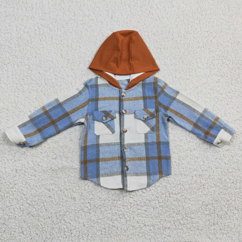 BT0208 Baby Boys Blue Plaid Hooded Long Sleeve Shirt