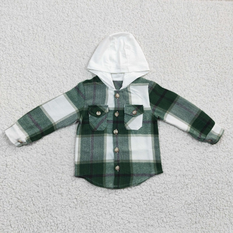 BT0209 Boys Green Plaid Hooded Long Sleeve Shirt